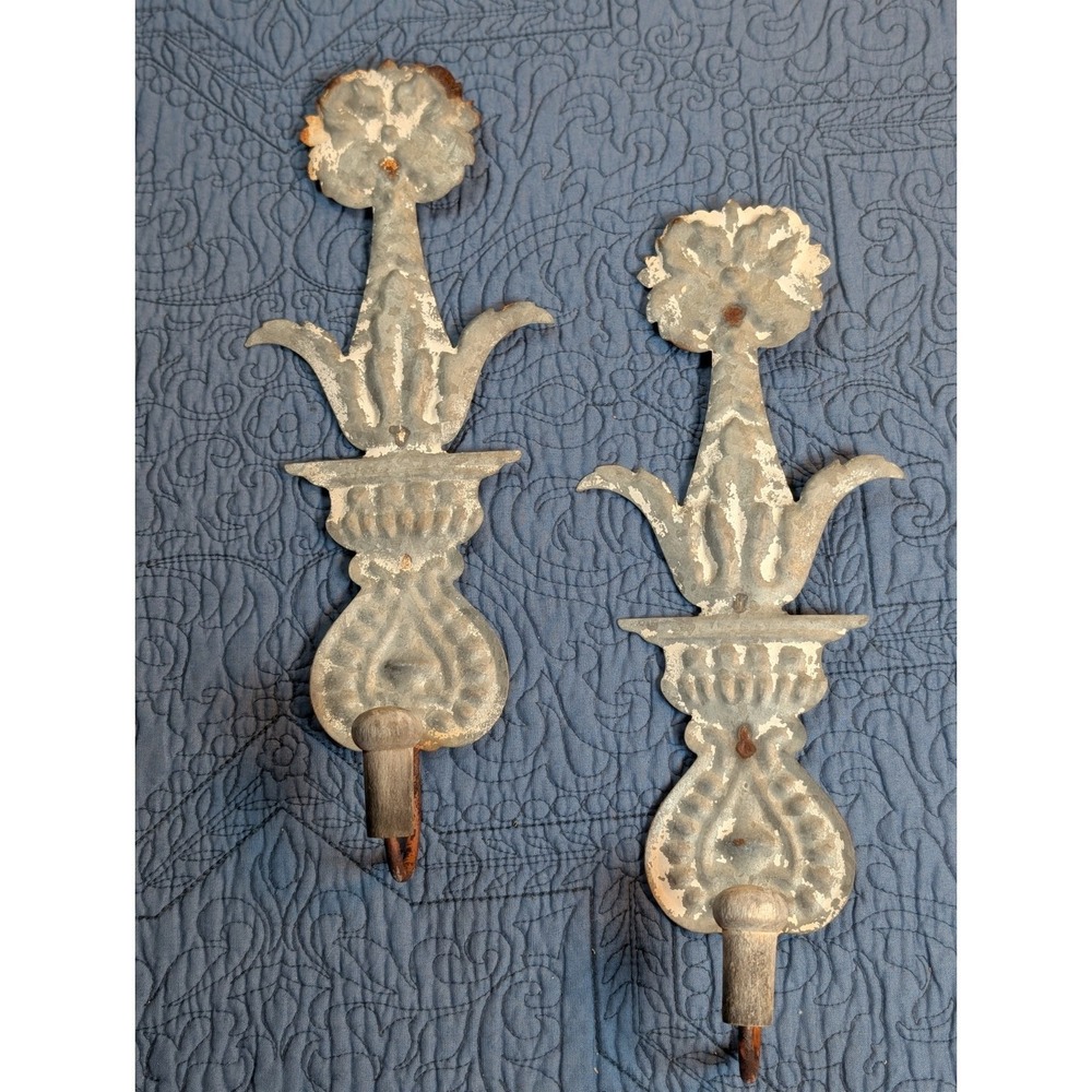 Vintage Embossed Tin Wall Hooks Pair Floral French Country Farmhouse Shabby Chic